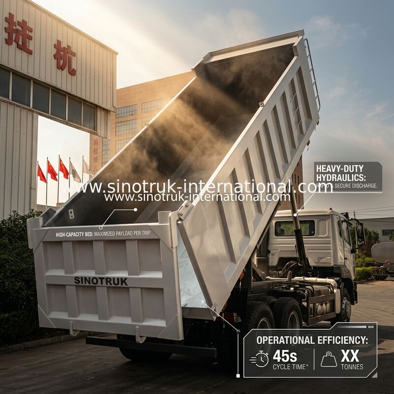 کامیون کمپرسی SINOTRUK HOHAN Howo با بالابر میانی، موتور Weichai، پیکربندی 6 × 4، فرمان چپ، جعبه بار مستطیلی، رنگ سفید، 19-20 متر مکعب