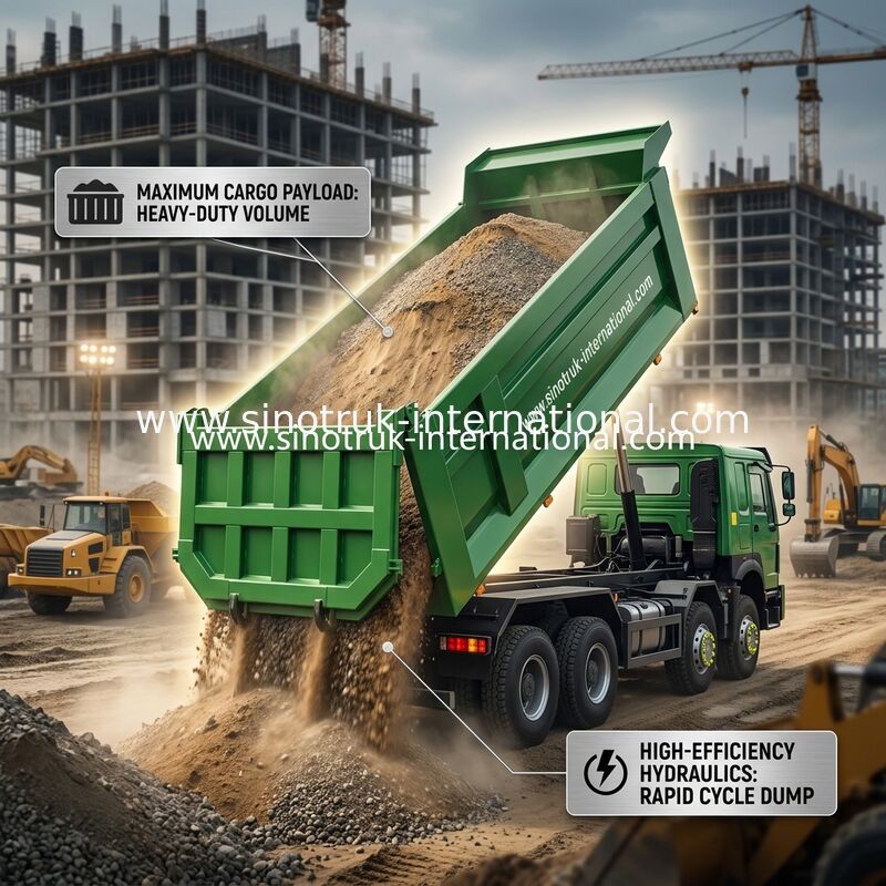 کامیون کمپرسی SINOTRUK HOWO 400HP 8X4 ساختمانی با کابین قدیمی و جلو پنجره طرح شبح، سپر نظامی، کانتینر U شکل