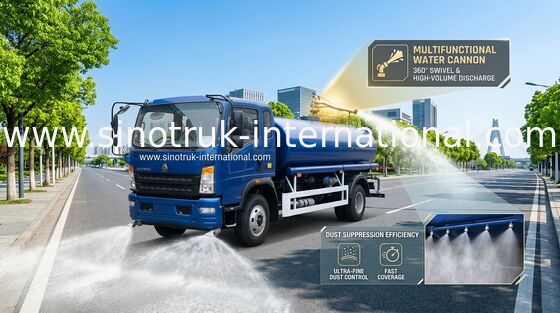 شاحنة صهريج مياه SINOTRUK HOWO بمحرك ديزل 140 حصان، حمولة 8000 كجم، ودفع يسار/يمين لنقل المياه البلدية والصناعية