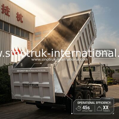 کامیون کمپرسی SINOTRUK HOHAN Howo با بالابر میانی، موتور Weichai، پیکربندی 6 × 4، فرمان چپ، جعبه بار مستطیلی، رنگ سفید، 19-20 متر مکعب